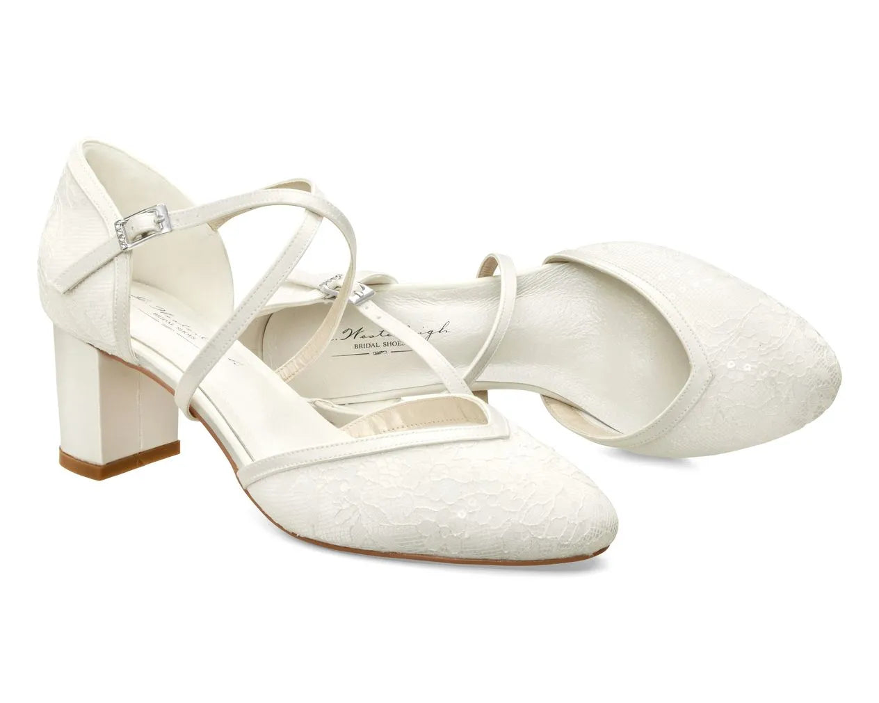 Zapatos de novia Lucy en satén ivory con encaje y lentejuelas, tacón de bloque de 6,8 cm, estilo moderno y cómodo para novias elegantes.